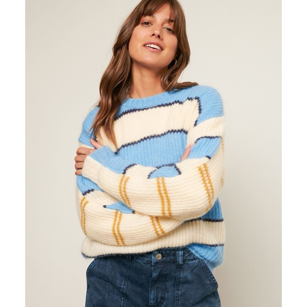 Chloe Stora Tyga Mohair Blend Striped Sweater Size 2 US M Blue Ivory Pullover